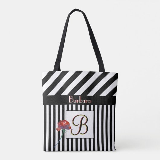 Tote Bag Trendy Modern Stripes Monogram Name  (Dos)