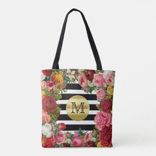 Tote Bag Trendy Monogram Stripes Rose Fleurs Parties scinti (Dos)