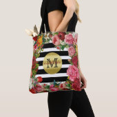Tote Bag Trendy Monogram Stripes Rose Fleurs Parties scinti (De près)