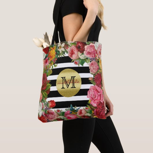 Tote Bag Trendy Monogram Stripes Rose Fleurs Parties scinti (De près)