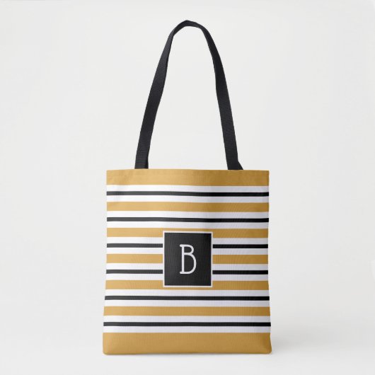 Tote Bag Trendy Monogrammed Yellow, Black & White Stripe (Devant)