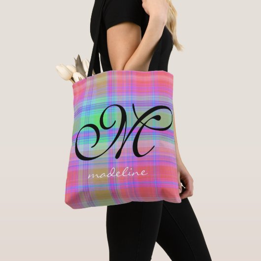 Tote Bag Trendy Rainbow Plaid Stripes Girly Script Monogram (De près)