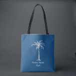 Tote Bag Tribe Mariée Bleu Blanc Palm Tree Personnalisé<br><div class="desc">Ce sac fourre-tout de palmier tropical amusant avec les mots "Tribe de mariée" en blanc sur l'arrière - plan bleu (couleur de l'année 2020) est le cadeau de douche nuptiale parfait pour une destination de plage tropicale ou mariage extérieur! Personnalisez-le avec le nom de votre servante.</div>