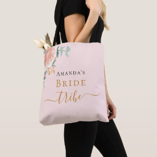 Tote Bag Tribu de la mariée rose or floral rose eucalyptus
