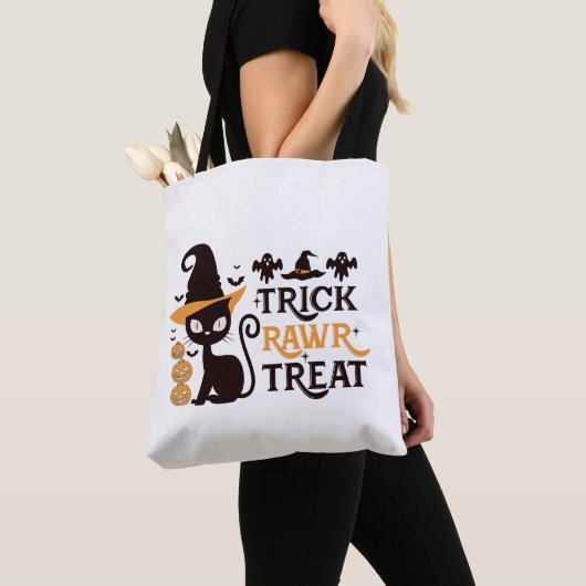 Tote Bag Trick Rawr Treat Black Cat White Halloween (De près)