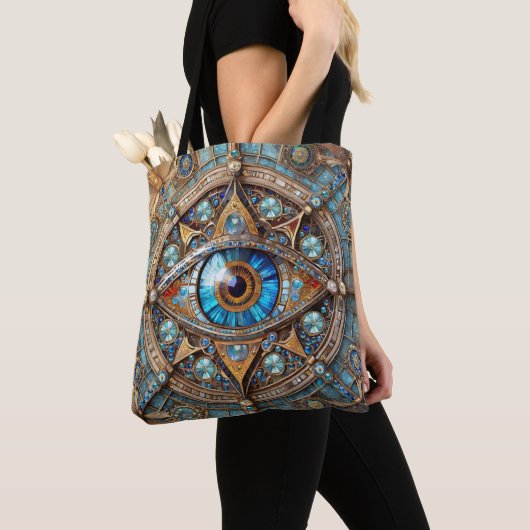 Tote Bag Troisième oeil - Turquoise Blue Gold Mandala (De près)