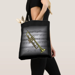 Tote Bag Trompette ~ 3D Partition Musique ~ Gris/Noir Couss