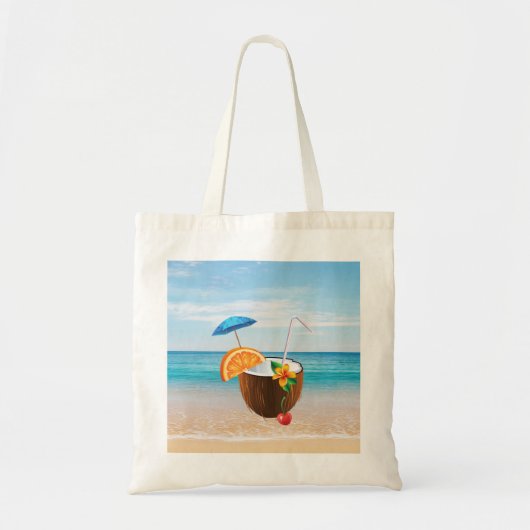 Tote Bag Tropical Beach,Blue Sky,Ocean Sand,Coconut Coctail (Devant)