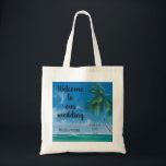 Tote Bag Tropical Beach Destination Wedding Welcome<br><div class="desc">Welcome your guests to your destination wedding with a merful goodie bag personalized with couple,  wedding date and location. L'image en mer est une image d'arrière-plan à l'aide des détails.</div>