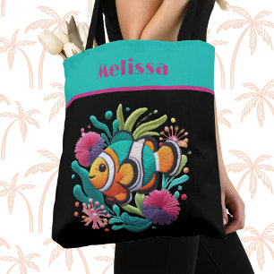 Tote Bag Tropical Faux Broderie Poisson Turquoise Rose Nom
