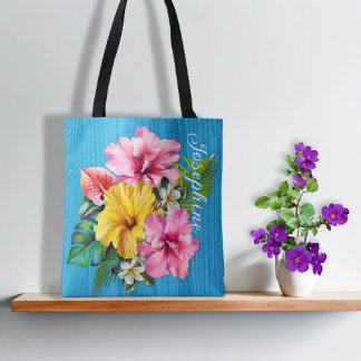 Tote Bag Tropical Flowers Blue Wood Personalized AOP