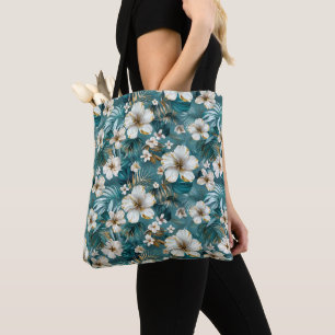 Tote Bag Tropical Hibiscus Floral Sarcelle