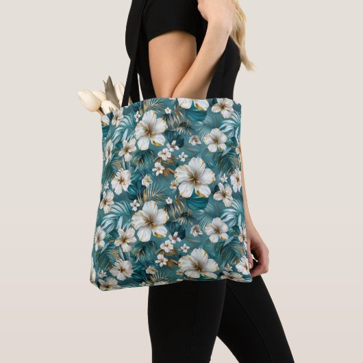 Tote Bag Tropical Hibiscus Floral Sarcelle (De près)