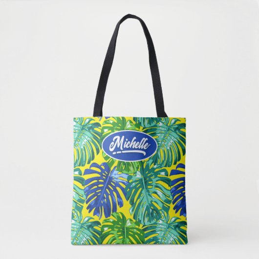 Tote Bag Tropical Jungle Feuilles Vert Jaune Nom (Devant)