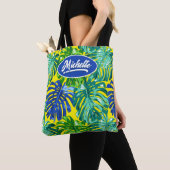 Tote Bag Tropical Jungle Feuilles Vert Jaune Nom (De près)