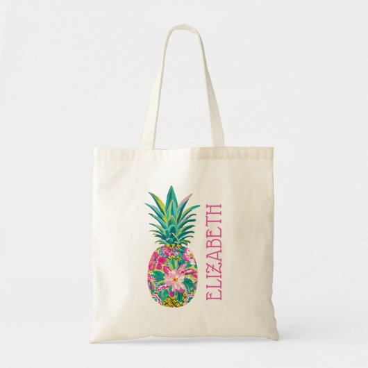 Tote Bag Tropical Pink and Green Floral Pineapple (Devant)