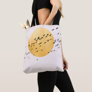 Tote Bag Troupeau minimaliste d'oiseaux avec soleil doré
