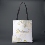 Tote Bag Trucs d'or sur blanc Elegant Bridesmaid Mariage<br><div class="desc">Ces sacs fourre-tout sont conçus comme des faveurs ou des cadeaux pour les domestiques mariages. Grand sac de swag à remplir avec des faveurs et des cadeaux. Coordonné avec notre Gold Foil Elegant Wedding Suite et est entièrement personnalisable. Le design simple comprend du texte en or avec une bordure florale...</div>