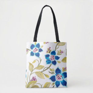Tote Bag Tuiles florales d'abbaye - fleurs bleues