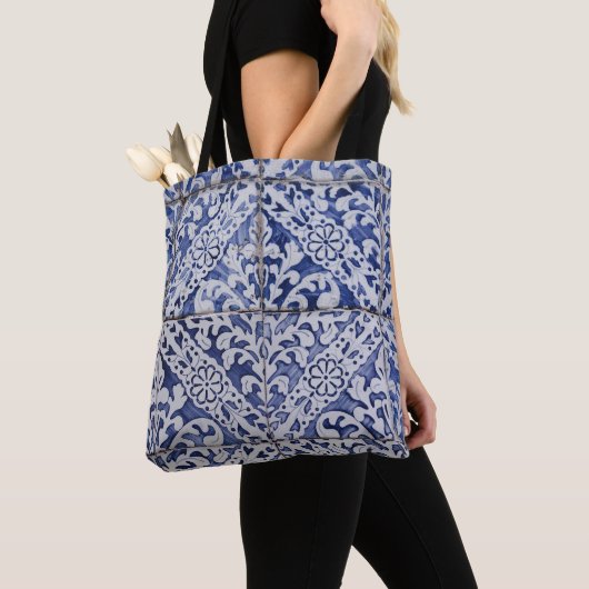 Tote Bag Tuiles portugaises - Azulejo Floral bleu et blanc (De près)