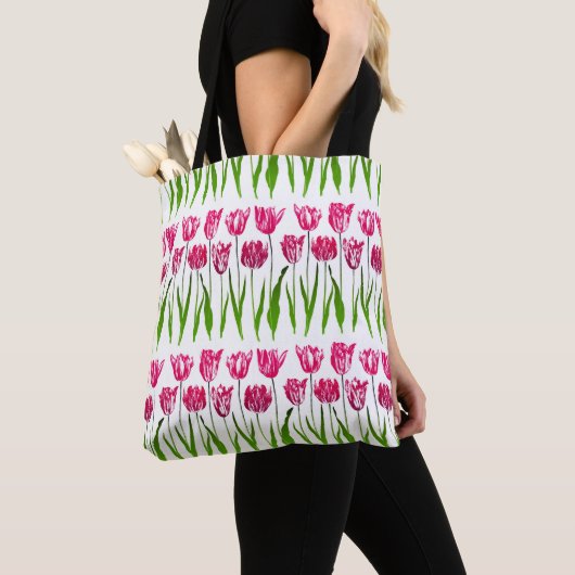 Tote Bag Tulip Garden Imprimer en rose et vert Fuchsia (De près)