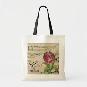 Tote Bag Tulipe de Sitar Vintage Partition Musique Customis