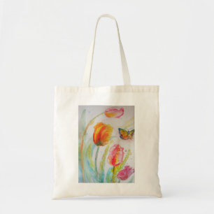 Tote Bag Tulipe et papillon colorés aquarelle florale