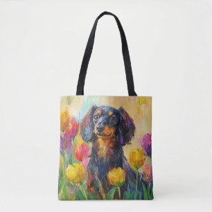 Tote Bag Tulipes colorées Dachshund mignonne Peinture