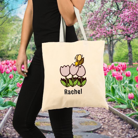 Tote Bag Tulipes et abeilles avec jardinage de nom personna