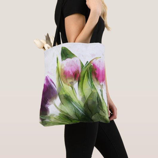 Tote Bag Tulipes Et Feuilles Aquarelles (De près)