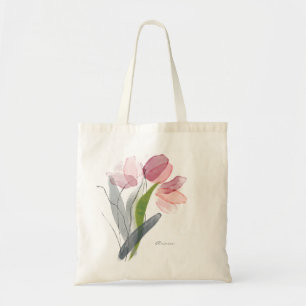 Tote Bag Tulipes florales aquarelles rose poudré et feuille