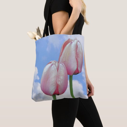Tote Bag Tulipes Roses Ciel Bleu Et Nuages Blancs (De près)
