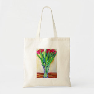 Tote Bag tulipes roses et rouges art aquarelle
