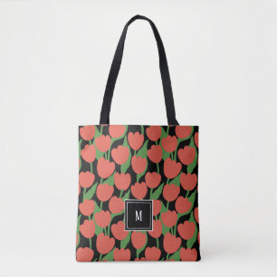Tote Bag Tulipes rouges rétro, monogramme personnalisé