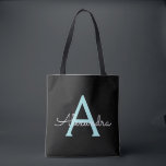 Tote Bag Turquoise Aqua Blue Girl Script Monogramme Nom Mod<br><div class="desc">Noir et Turquoise Aqua Blue Elegant Ajouter Votre Nom Propre Monogramme Livre Sac. Ce sac de livre peut être customisé pour inclure votre nom initial et prénom et donné comme cadeau pour Noël,  Sweet 16 Anniversaire,  Fête des mariées ou Mariage.</div>