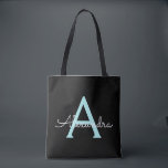 Tote Bag Turquoise Aqua Blue Girl Script Monogramme Nom Mod<br><div class="desc">Noir et Turquoise Aqua Blue Elegant Ajouter Votre Nom Propre Monogramme Livre Sac. Ce sac de livre peut être customisé pour inclure votre nom initial et prénom et donné comme cadeau pour Noël,  Sweet 16 Anniversaire,  Fête des mariées ou Mariage.</div>