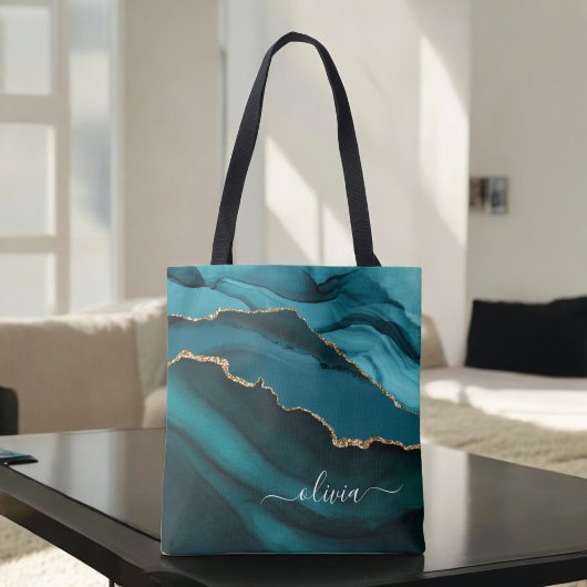 Tote Bag Turquoise Aqua Blue Green Agate Geode Gold Monogra