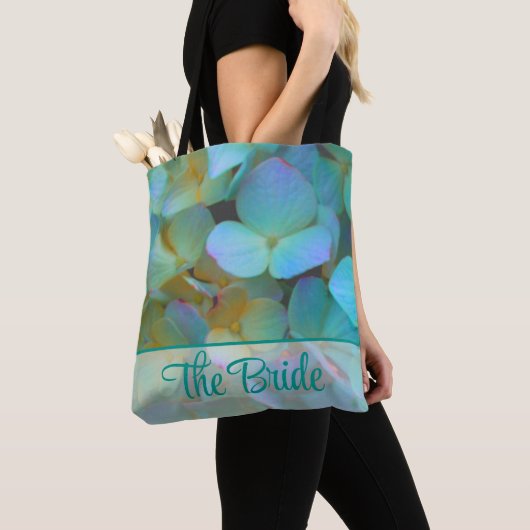 Tote Bag Turquoise bleu jaune rose hydrangée fleurs (De près)