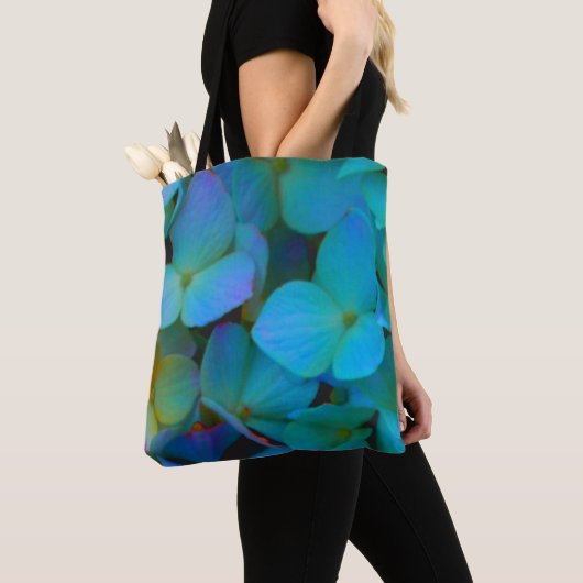 Tote Bag Turquoise bleu jaune rose hydrangée fleurs florale (De près)