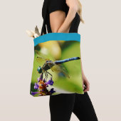 Tote Bag Turquoise bleu libellule mauve fleurs étang avec n (De près)