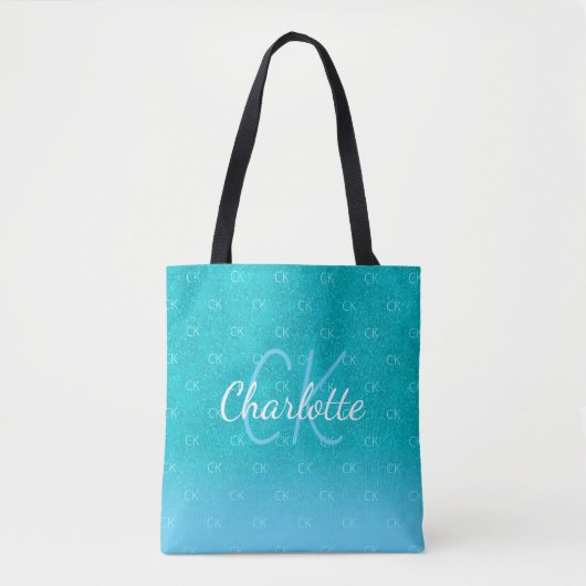 Tote Bag Turquoise bleu parties scintillant aqua vert monog (Devant)
