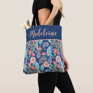 Tote Bag Turquoise Bleu Royal Orange Floral Paisley Vintage