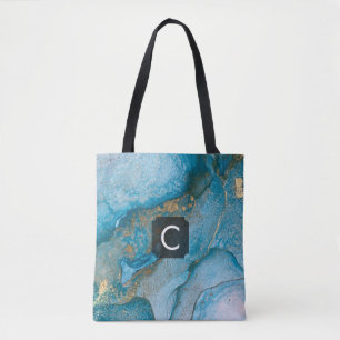 Tote Bag Turquoise et or Encre d'alcool Liquide Art Monogra