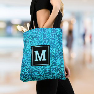 Tote Bag Turquoise feuille monogramme motif audacieux moder