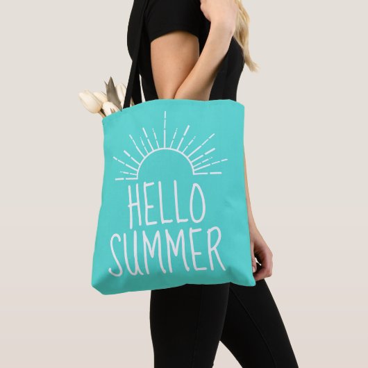 Tote Bag Turquoise Hello Summer Typographie Accueil Décor (De près)