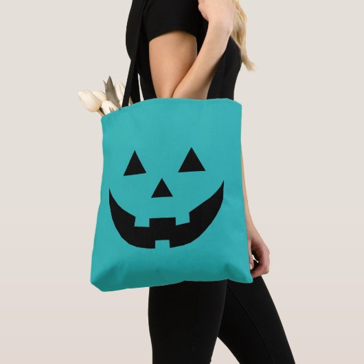 Tote Bag Turquoise Jack-o'-lantern visage citrouille amusan (De près)
