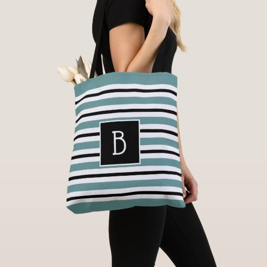 Tote Bag Turquoise Monogrammé tendance, Blancs Noir (De près)