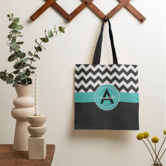 Tote Bag Turquoise noir Chevron