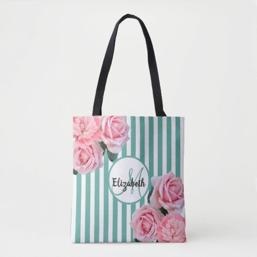 Tote Bag Turquoise rayures blanches fleures roses monogramm (Devant)