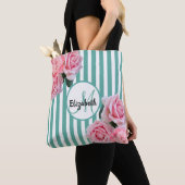 Tote Bag Turquoise rayures blanches fleures roses monogramm (De près)